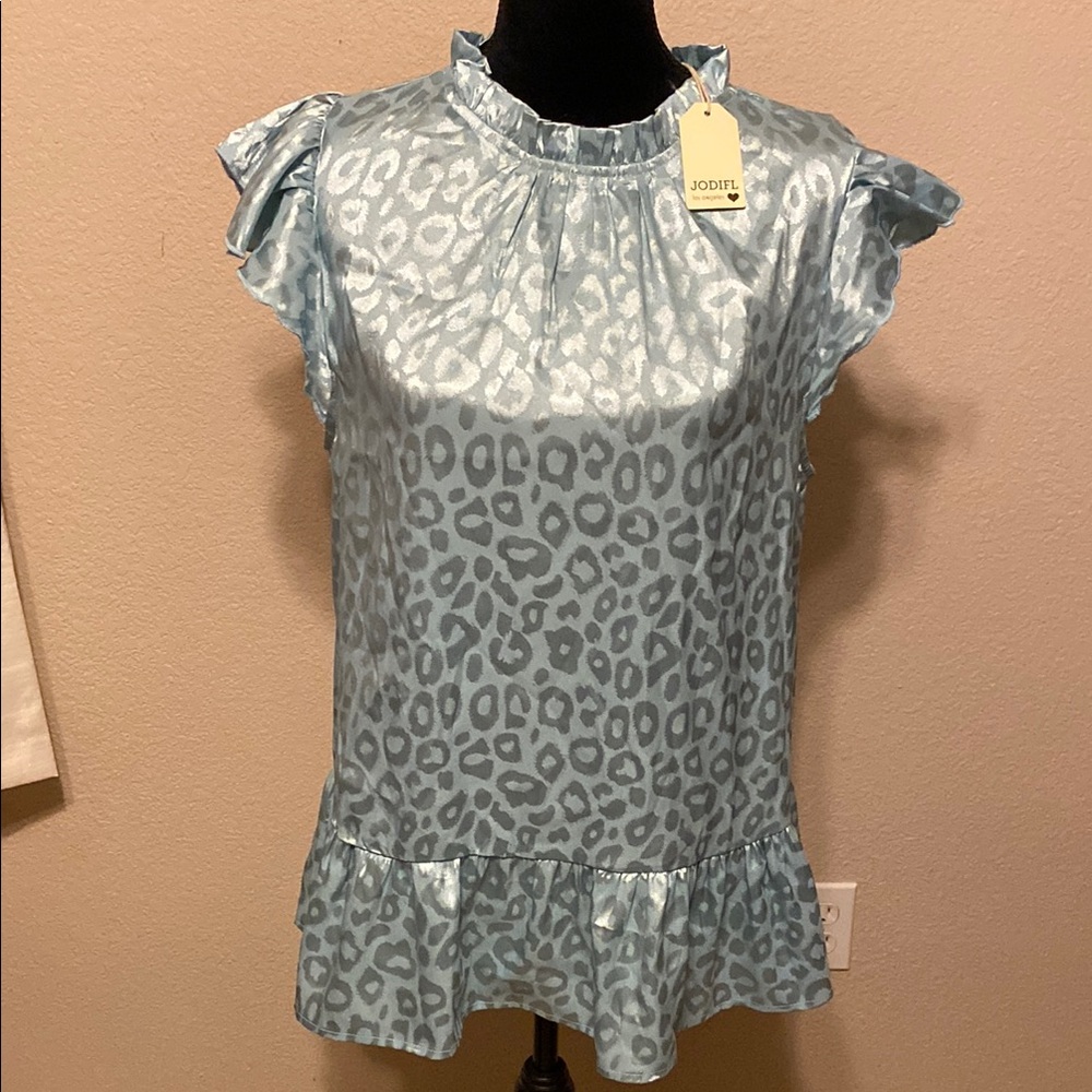 JODIFL Blue and Gray Ruffled Peplum Blouse